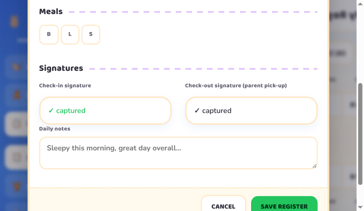 KidCount daily attendance and sign-out register screenshot